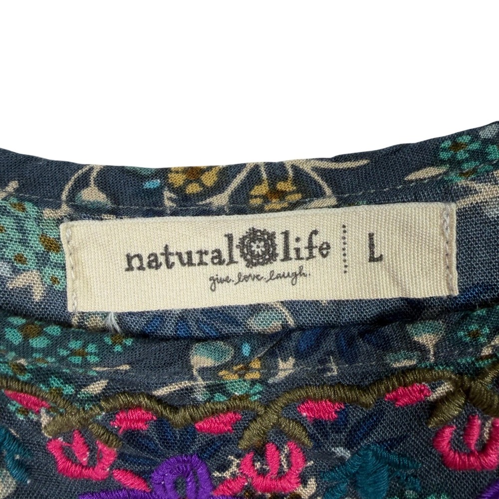 Natural Life Blue Floral Embroidered Boho Mini Dress Womens Large Rayon Pockets - Picture 11 of 12